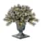 24" Glittery Bristle® Pine Porch Bush in Dark Bronze Plastic Urn with White Tipped Cones
